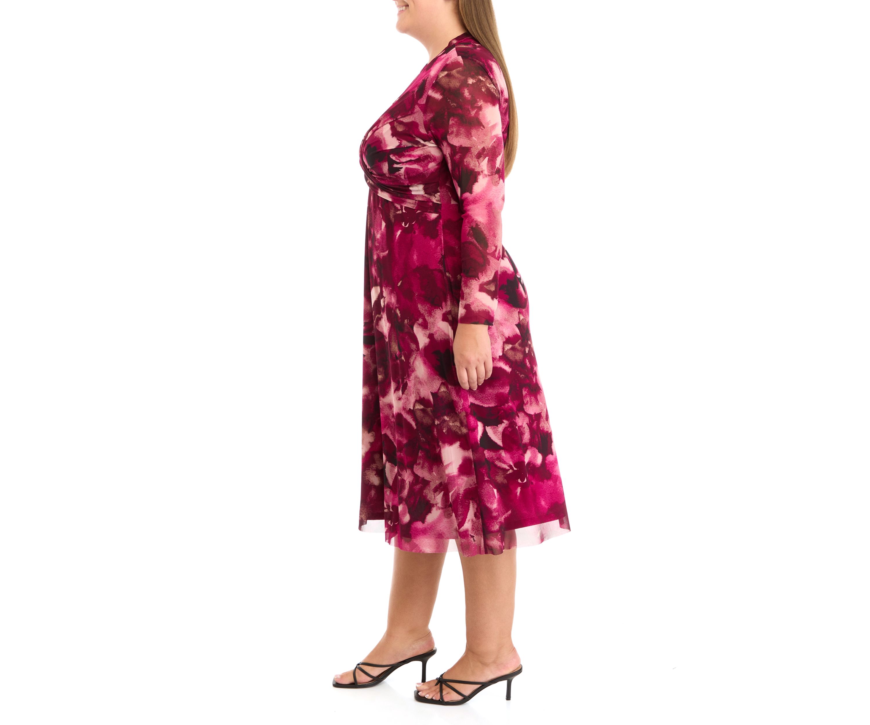 Plus Size Floral Print Twist Front Mesh Dress