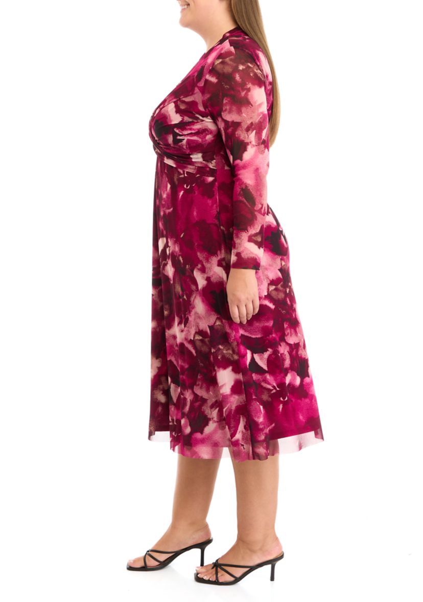 Plus Size Floral Print Twist Front Mesh Dress