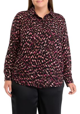THE LIMITED Women's Plus Size Printed Long Sleeve Button Front Blouse