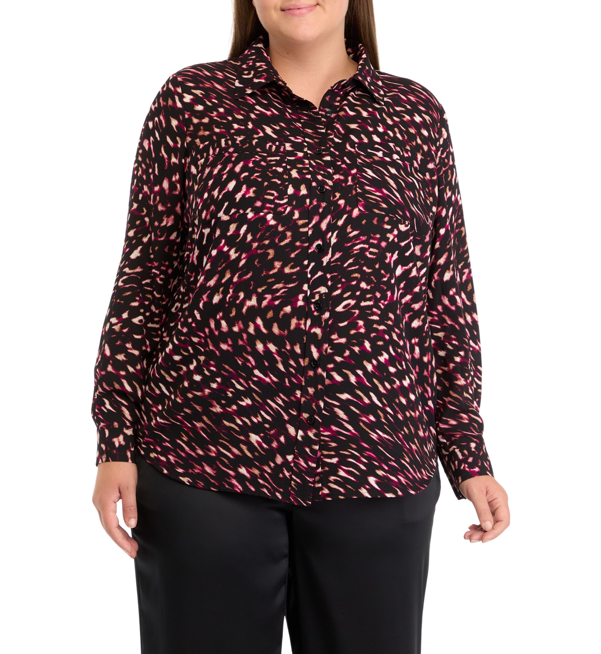Plus Size Printed Long Sleeve Button Front Blouse