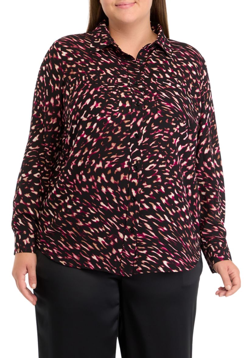 Plus Size Printed Long Sleeve Button Front Blouse