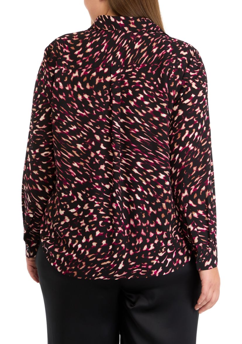 Plus Size Printed Long Sleeve Button Front Blouse