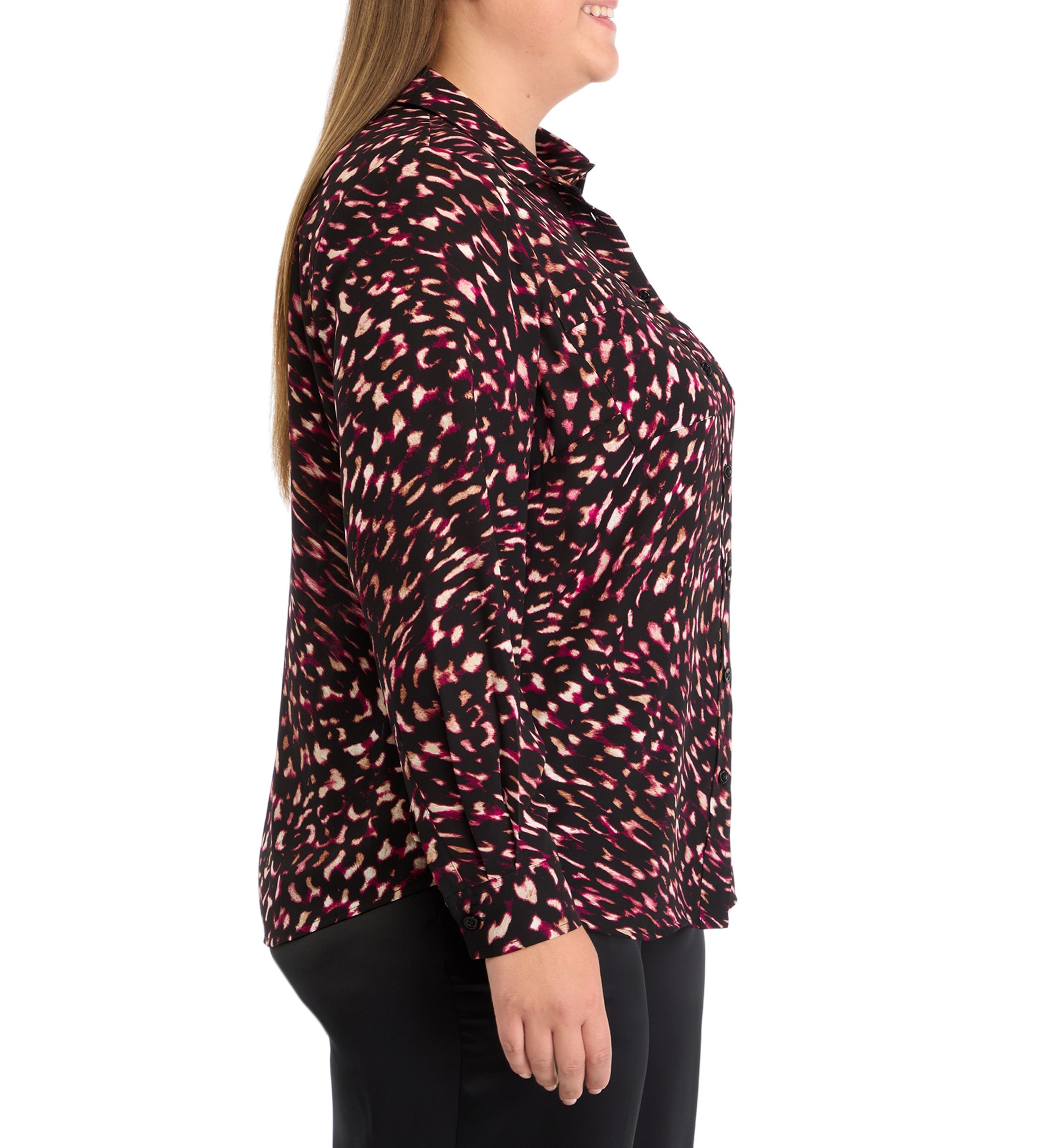 Plus Size Printed Long Sleeve Button Front Blouse