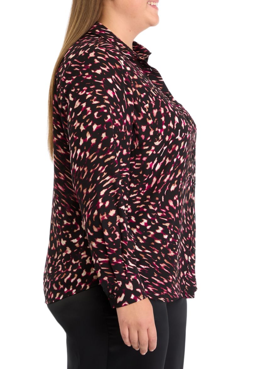 Plus Size Printed Long Sleeve Button Front Blouse