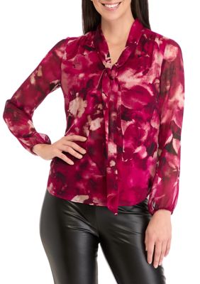 THE LIMITED Women's Floral Print Long Sleeve Bow Blouse