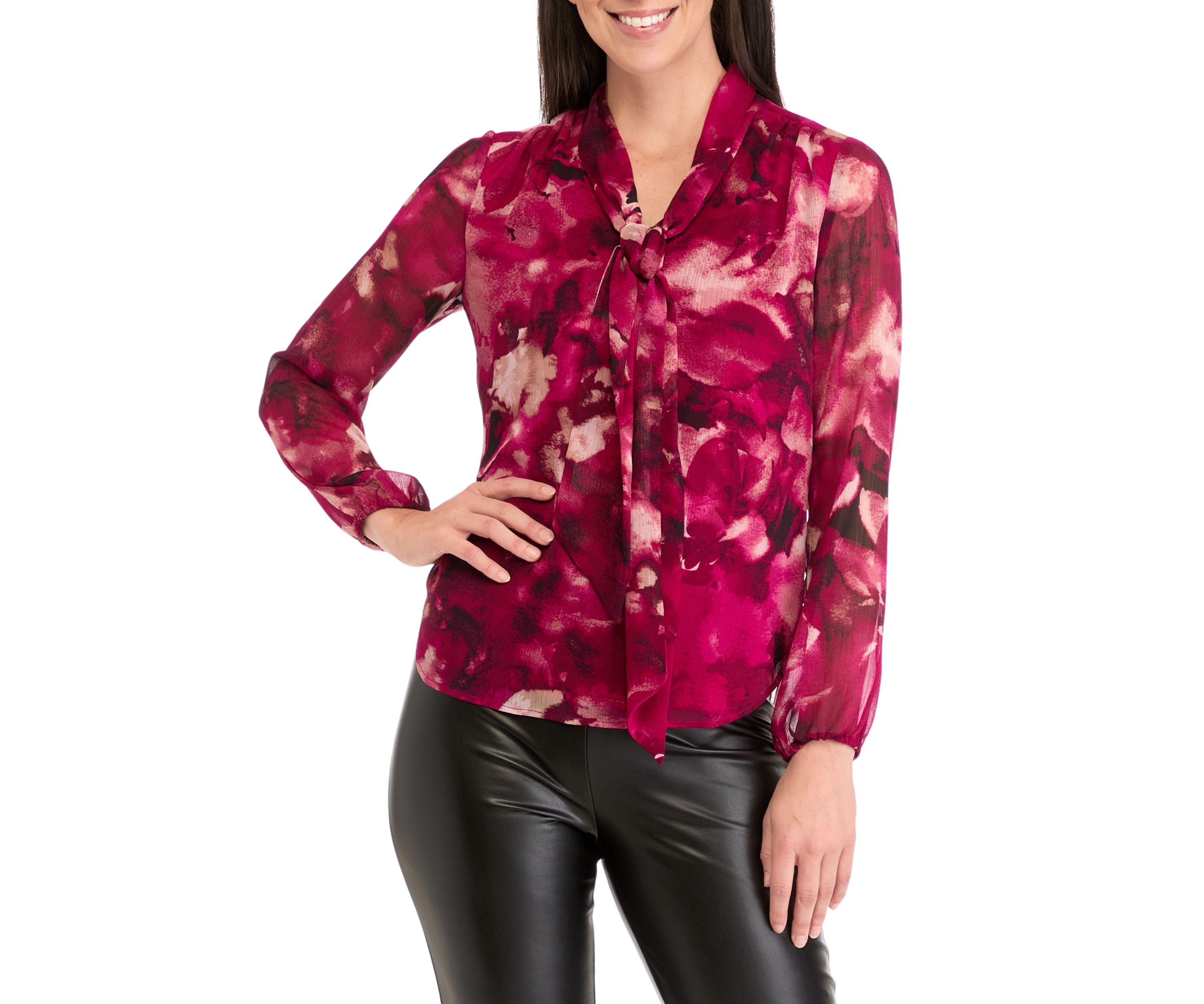 Womens Floral Print Long Sleeve Bow Blouse