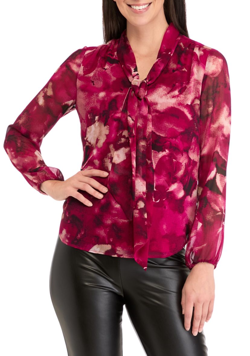 Womens Floral Print Long Sleeve Bow Blouse