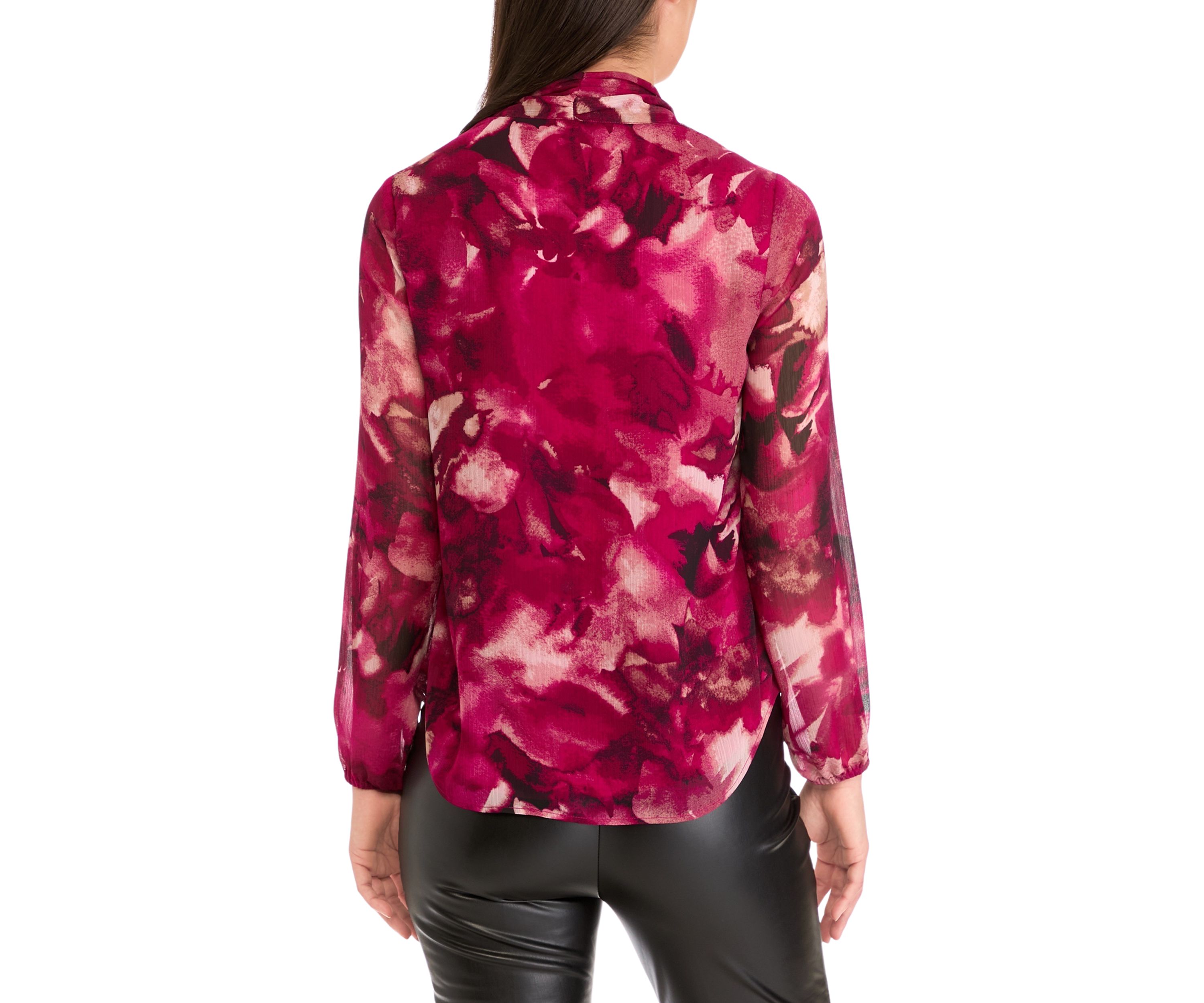 Womens Floral Print Long Sleeve Bow Blouse