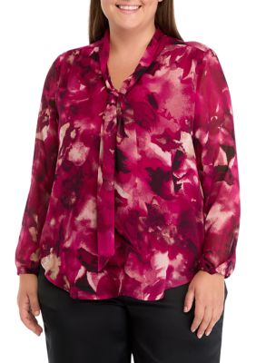 THE LIMITED Women's Plus Size Floral Print Long Sleeve Bow Blouse, 0X