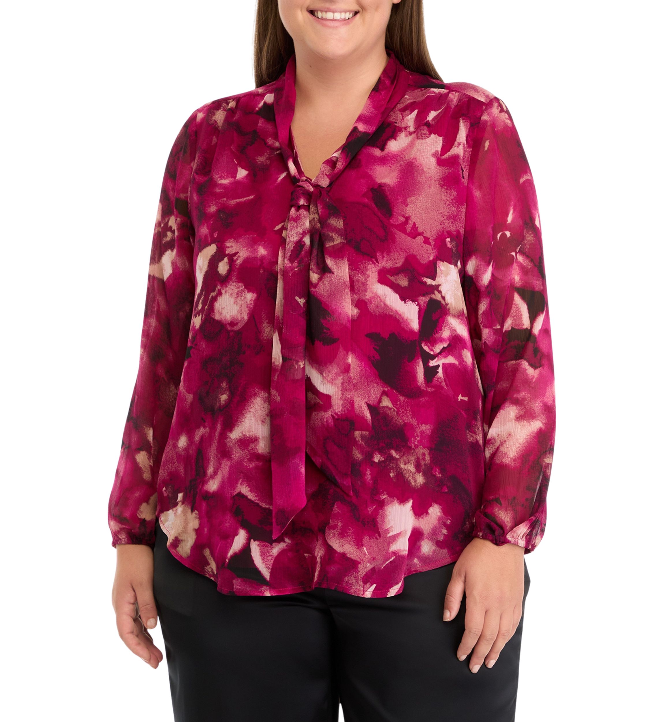 Plus Size Floral Print Long Sleeve Bow Blouse