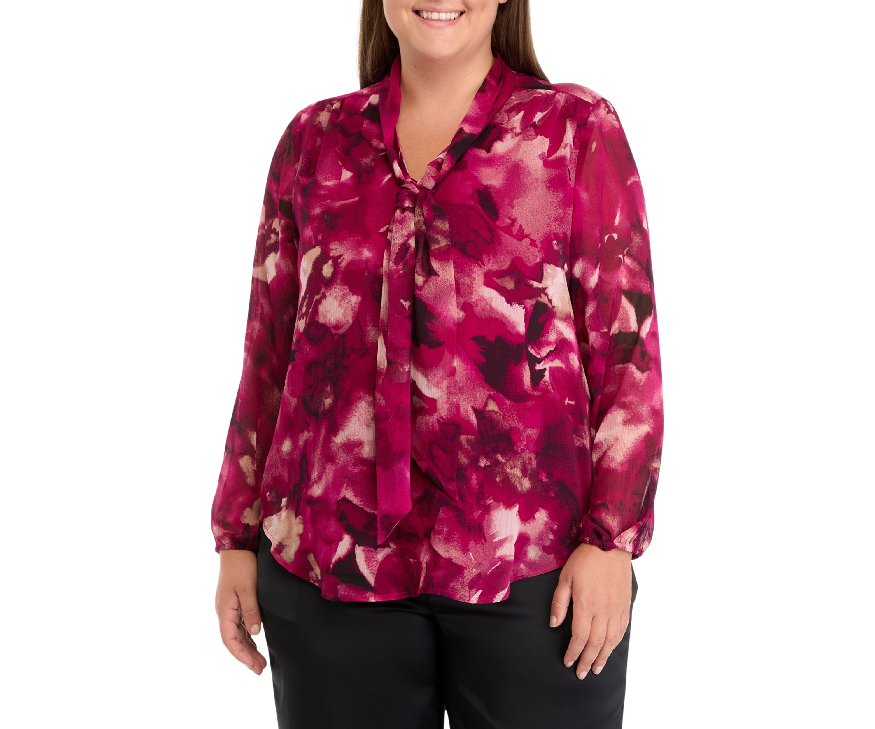 Plus Size Floral Print Long Sleeve Bow Blouse
