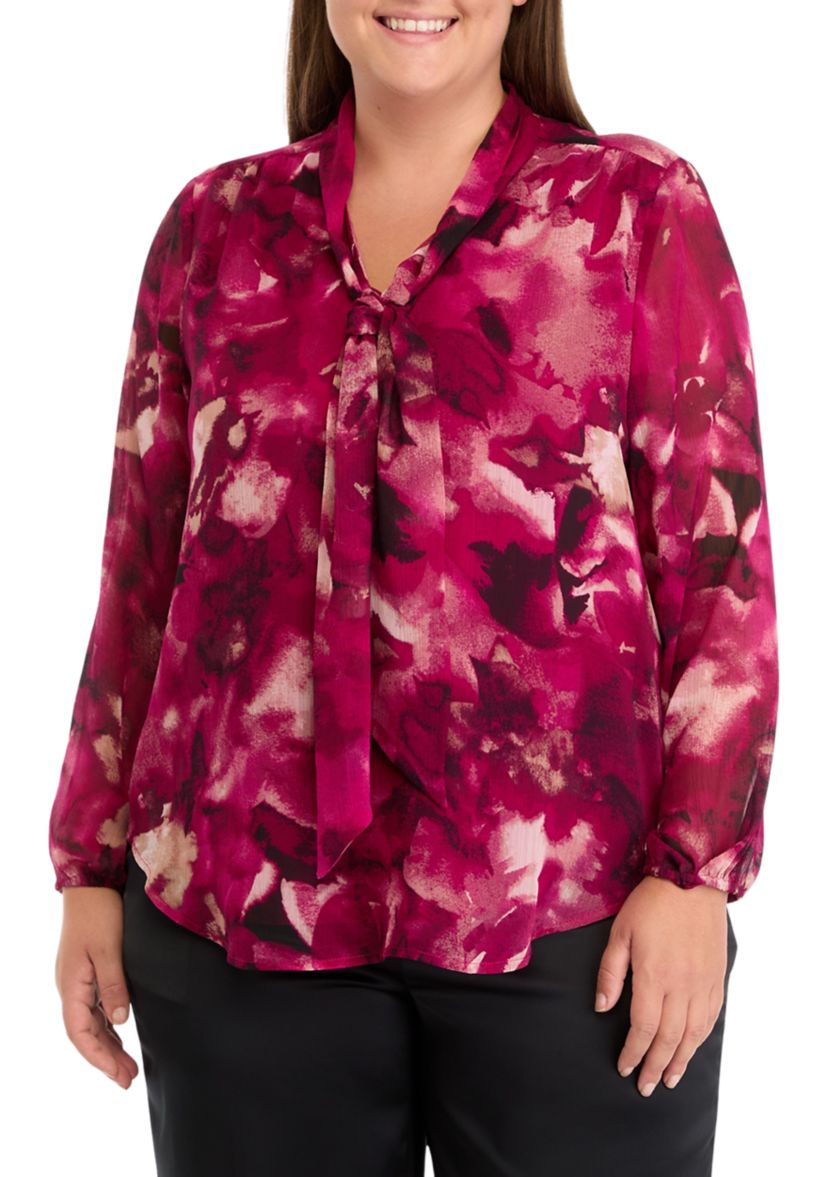 Plus Size Floral Print Long Sleeve Bow Blouse