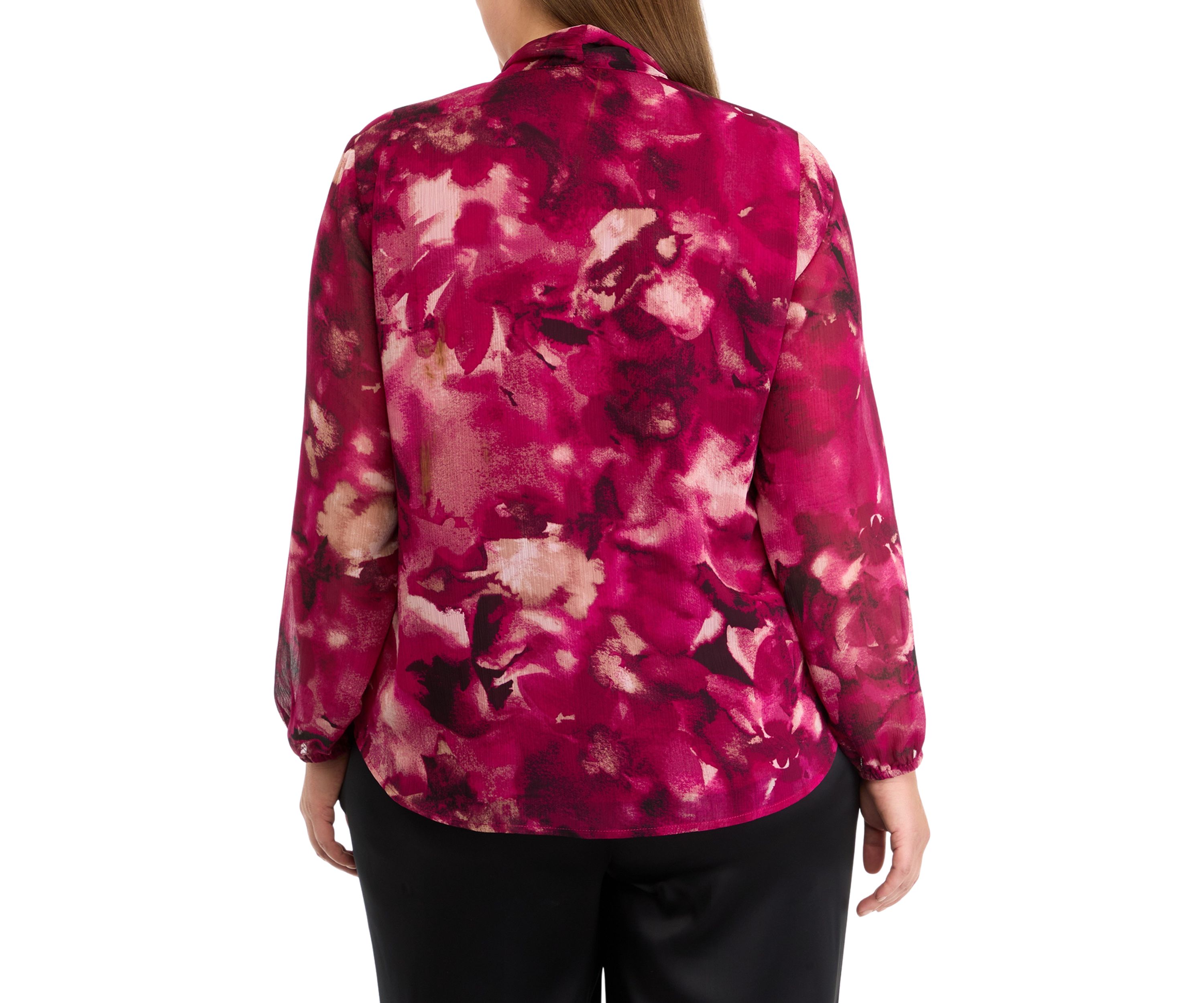 Plus Size Floral Print Long Sleeve Bow Blouse