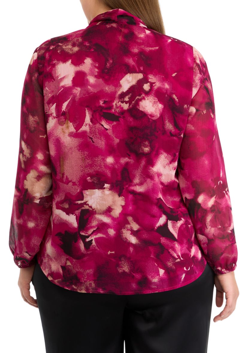 Plus Size Floral Print Long Sleeve Bow Blouse