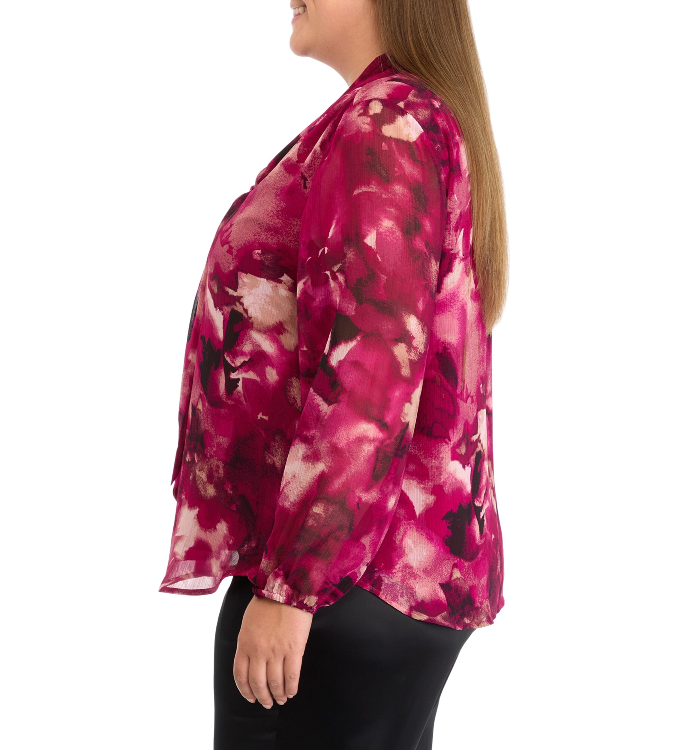 Plus Size Floral Print Long Sleeve Bow Blouse