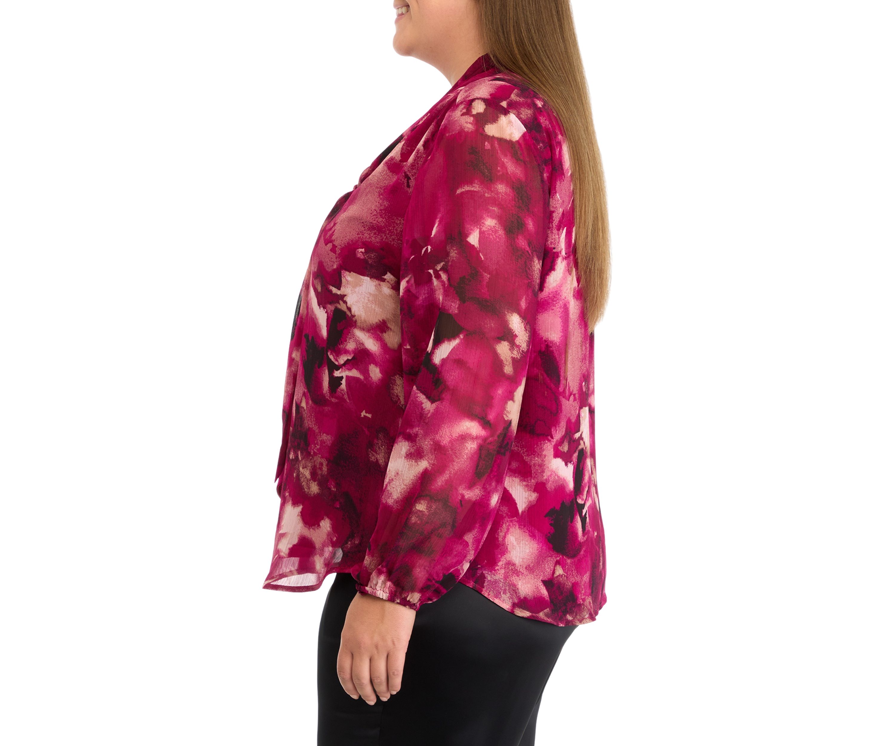 Plus Size Floral Print Long Sleeve Bow Blouse