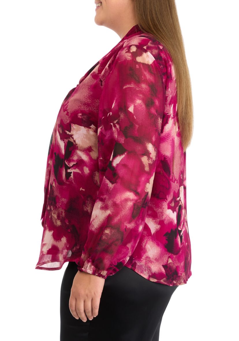 Plus Size Floral Print Long Sleeve Bow Blouse