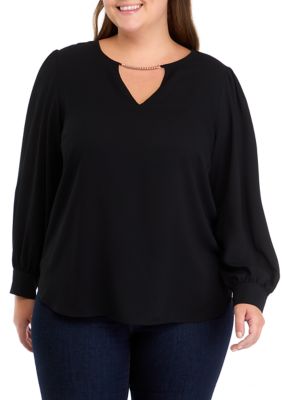 THE LIMITED Women's Plus Size Long Sleeve Blouse with Chain Trim, Black, 2X