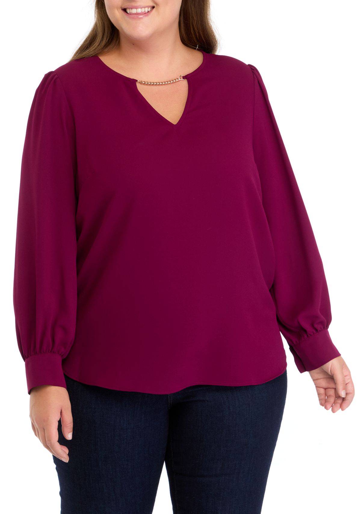 Plus Size Long Sleeve Blouse with Chain Trim