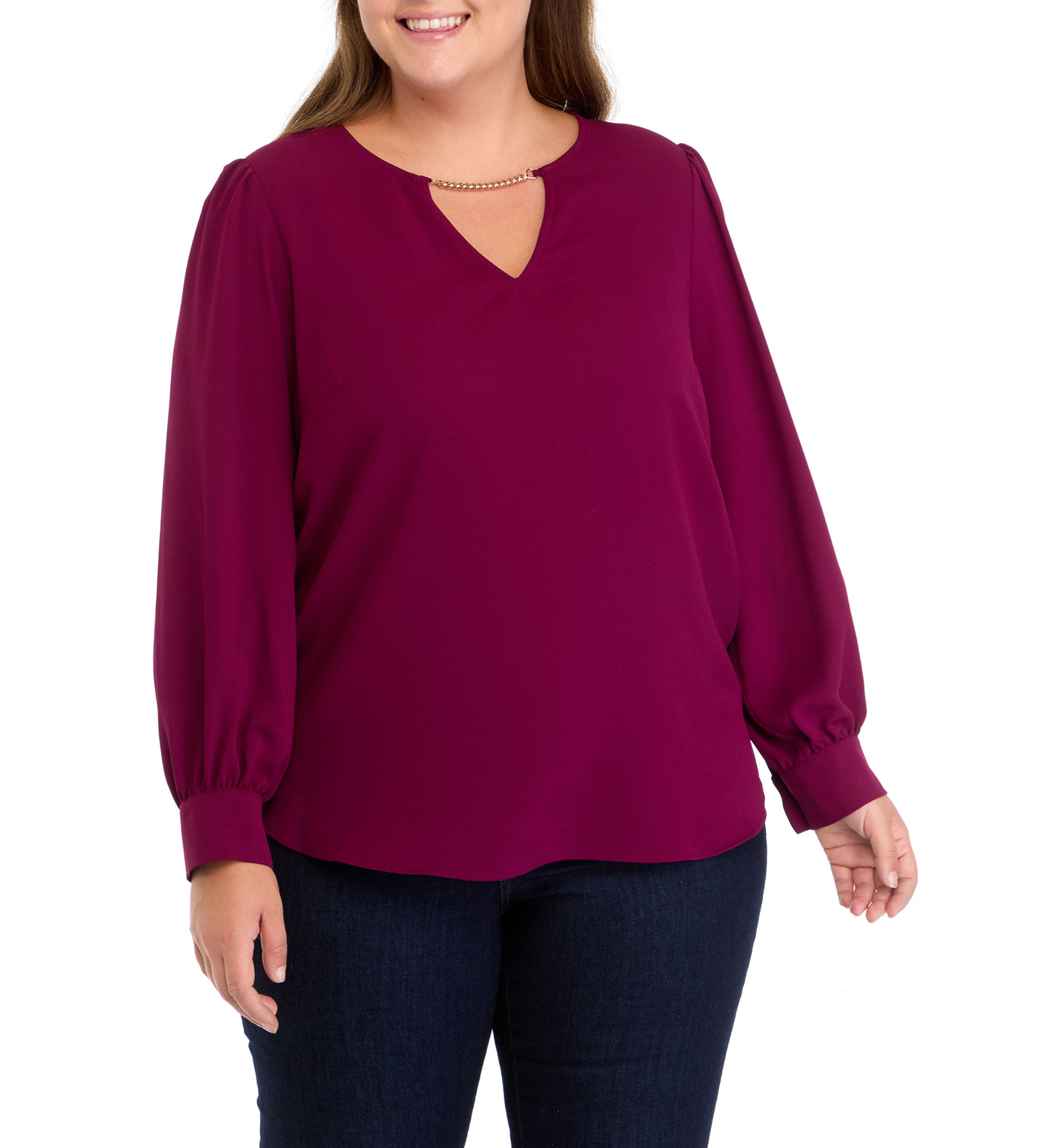Plus Size Long Sleeve Blouse with Chain Trim