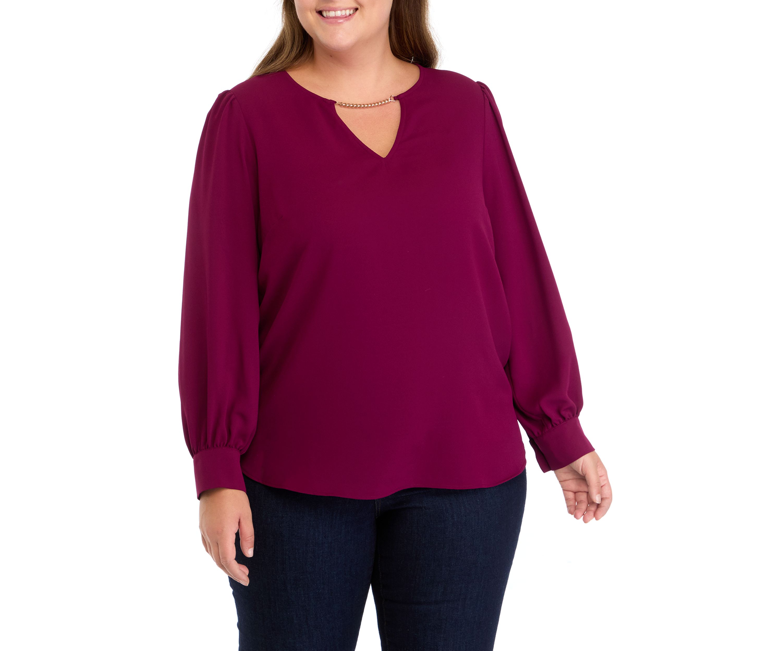 Plus Size Long Sleeve Blouse with Chain Trim