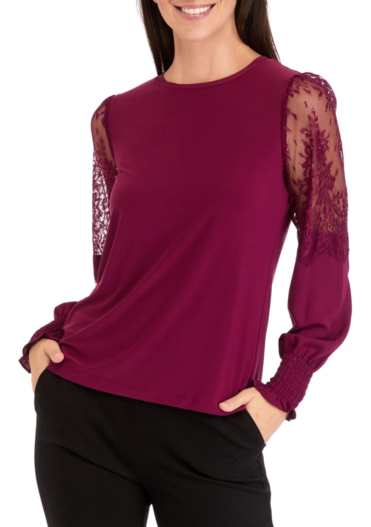 Womens Crew Neck Knit Top with Lace Sleeves