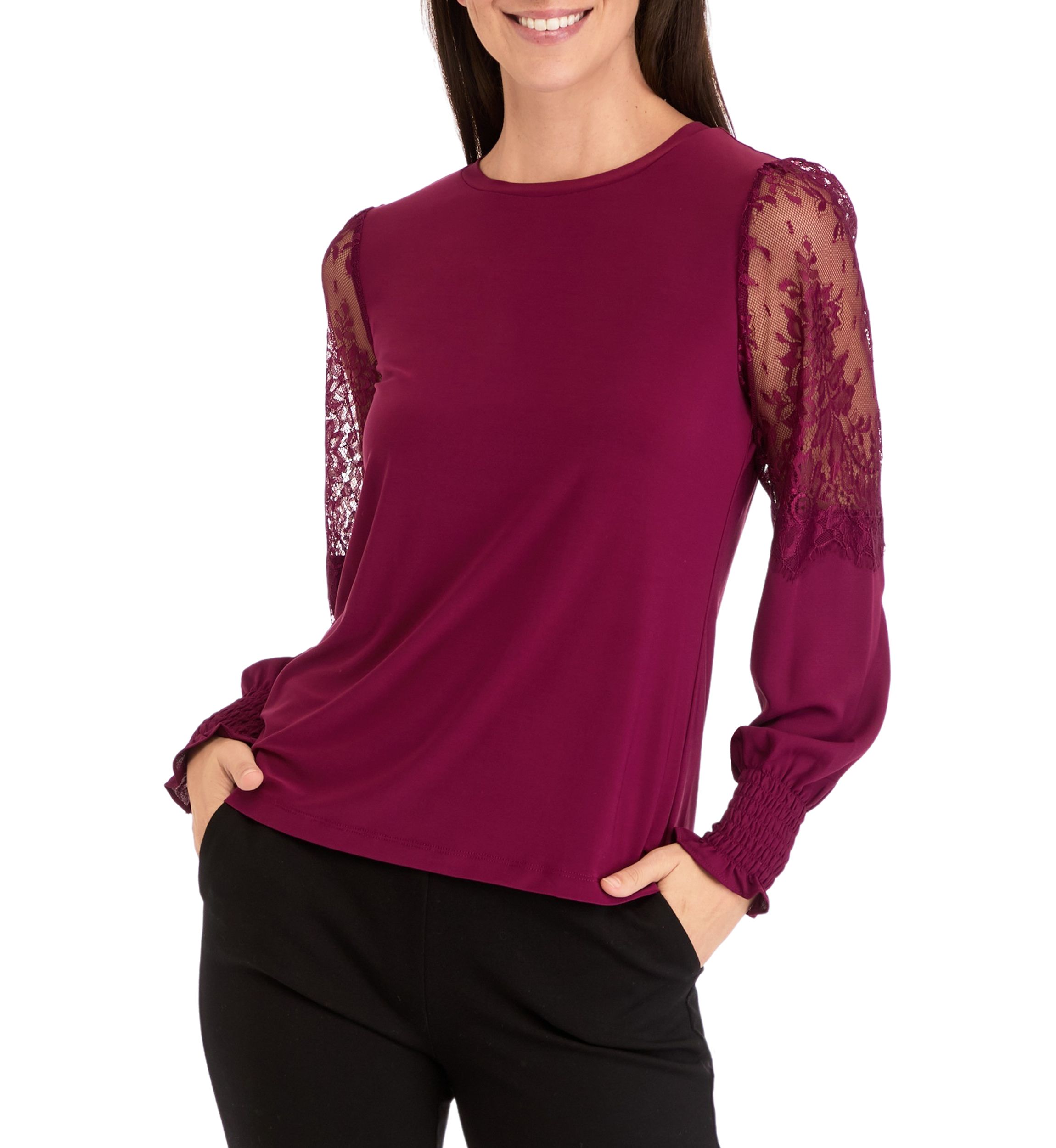 Womens Crew Neck Knit Top with Lace Sleeves