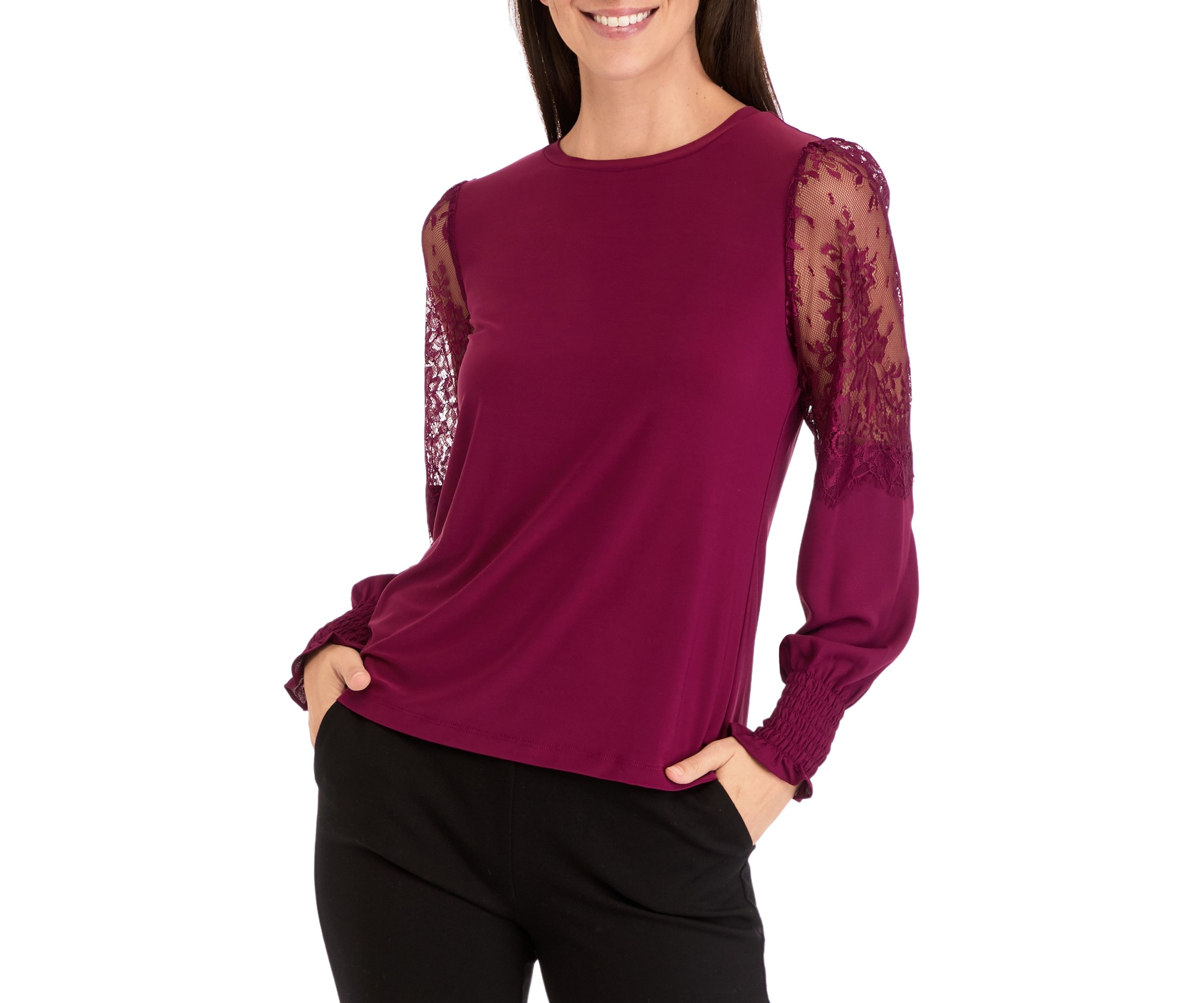 Womens Crew Neck Knit Top with Lace Sleeves