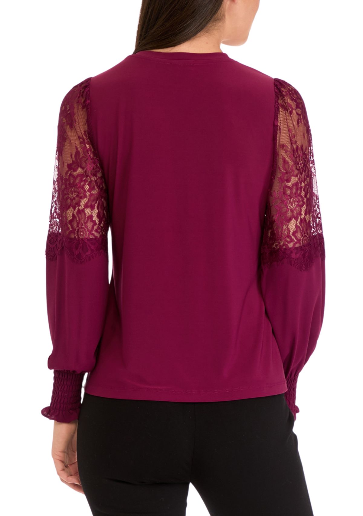Womens Crew Neck Knit Top with Lace Sleeves