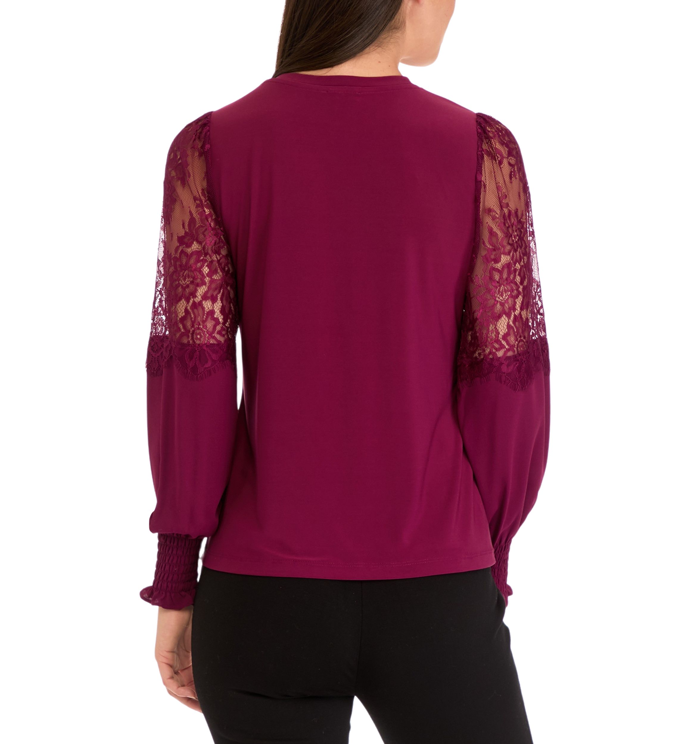 Womens Crew Neck Knit Top with Lace Sleeves