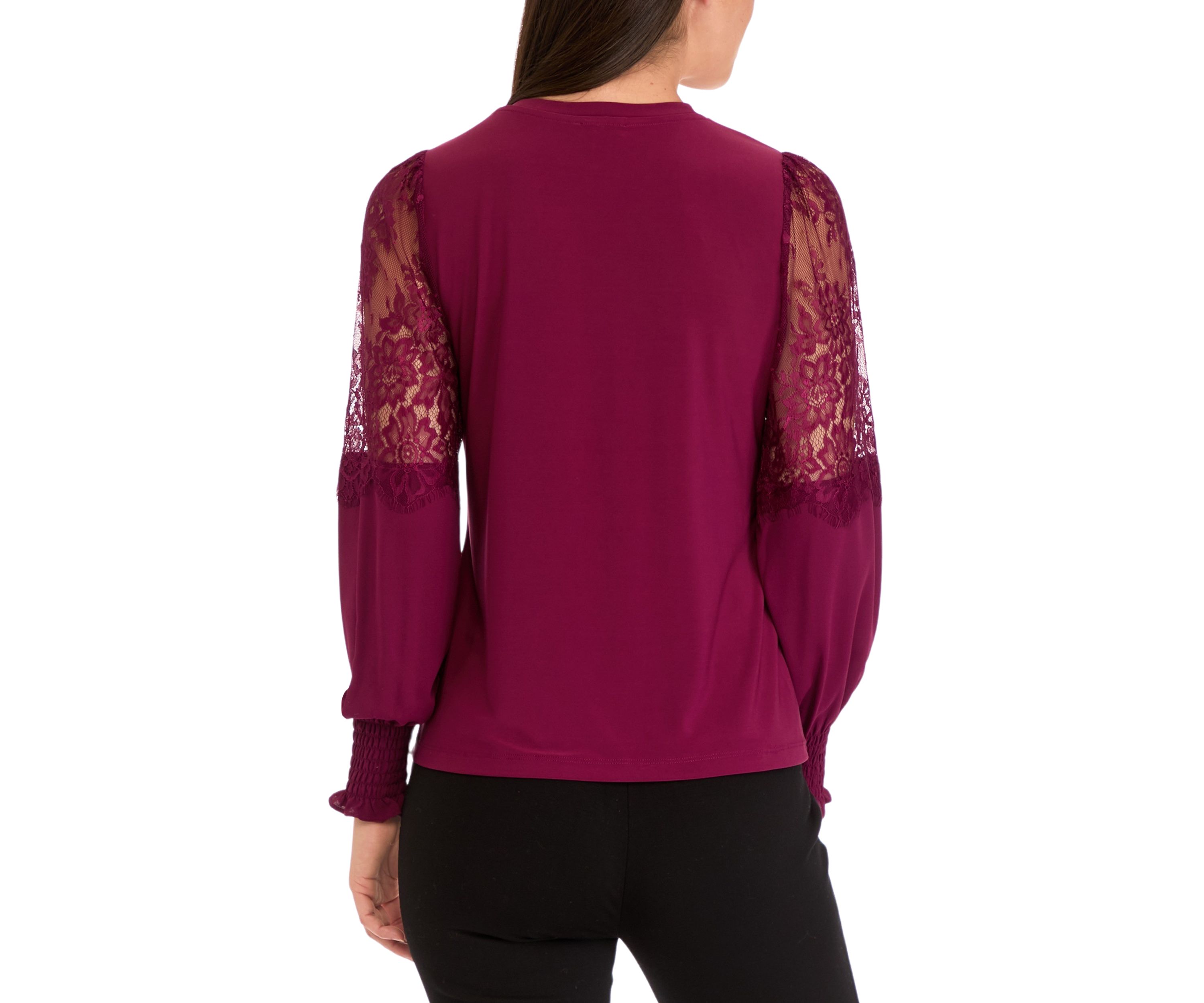 Womens Crew Neck Knit Top with Lace Sleeves