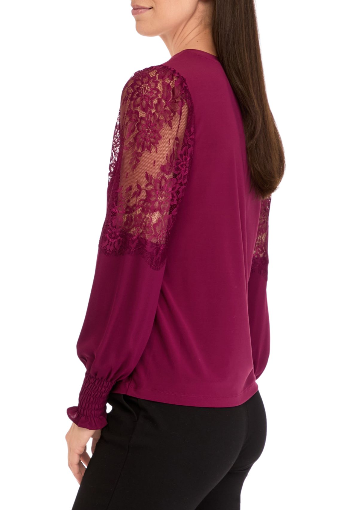 Womens Crew Neck Knit Top with Lace Sleeves