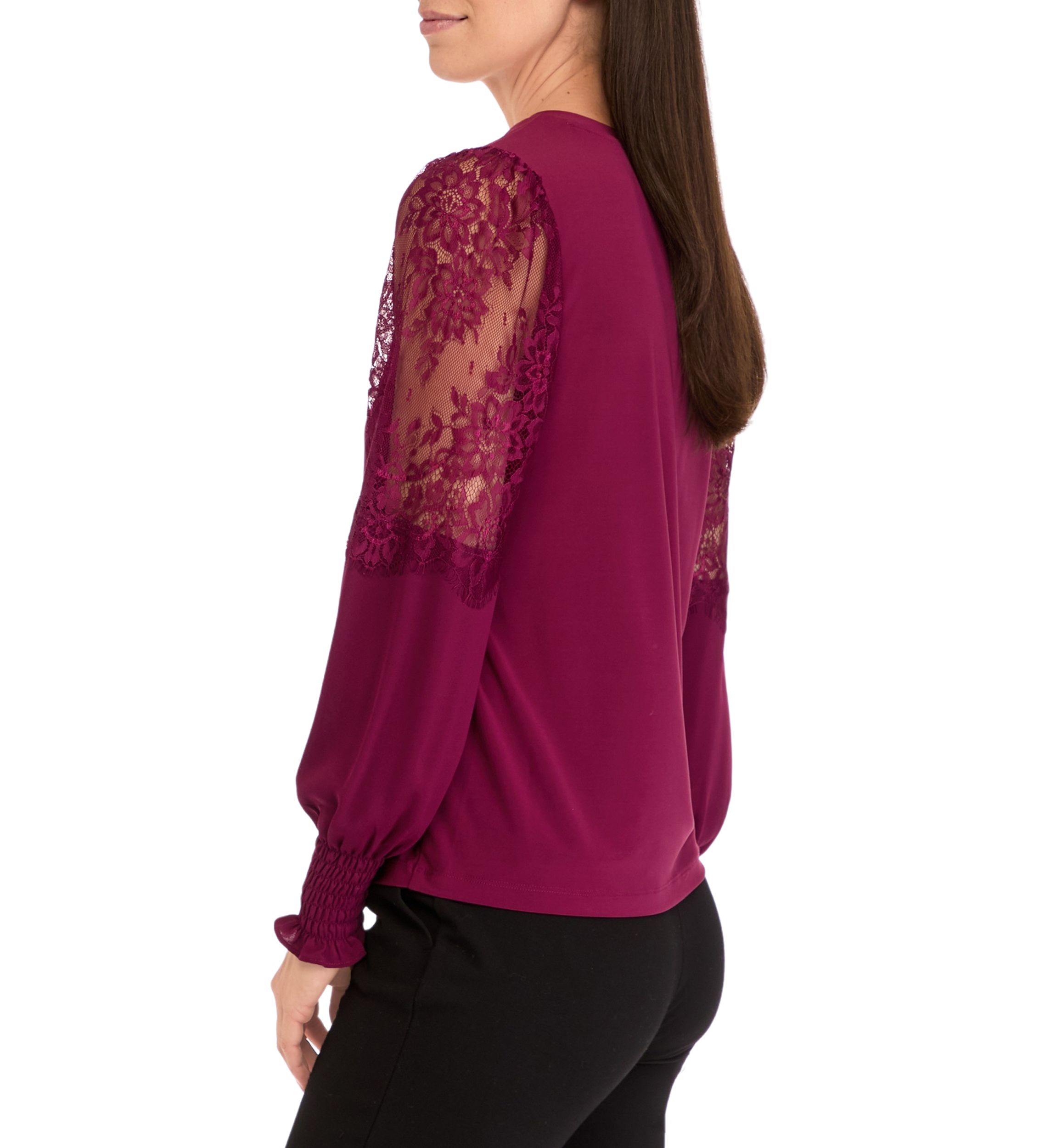 Womens Crew Neck Knit Top with Lace Sleeves