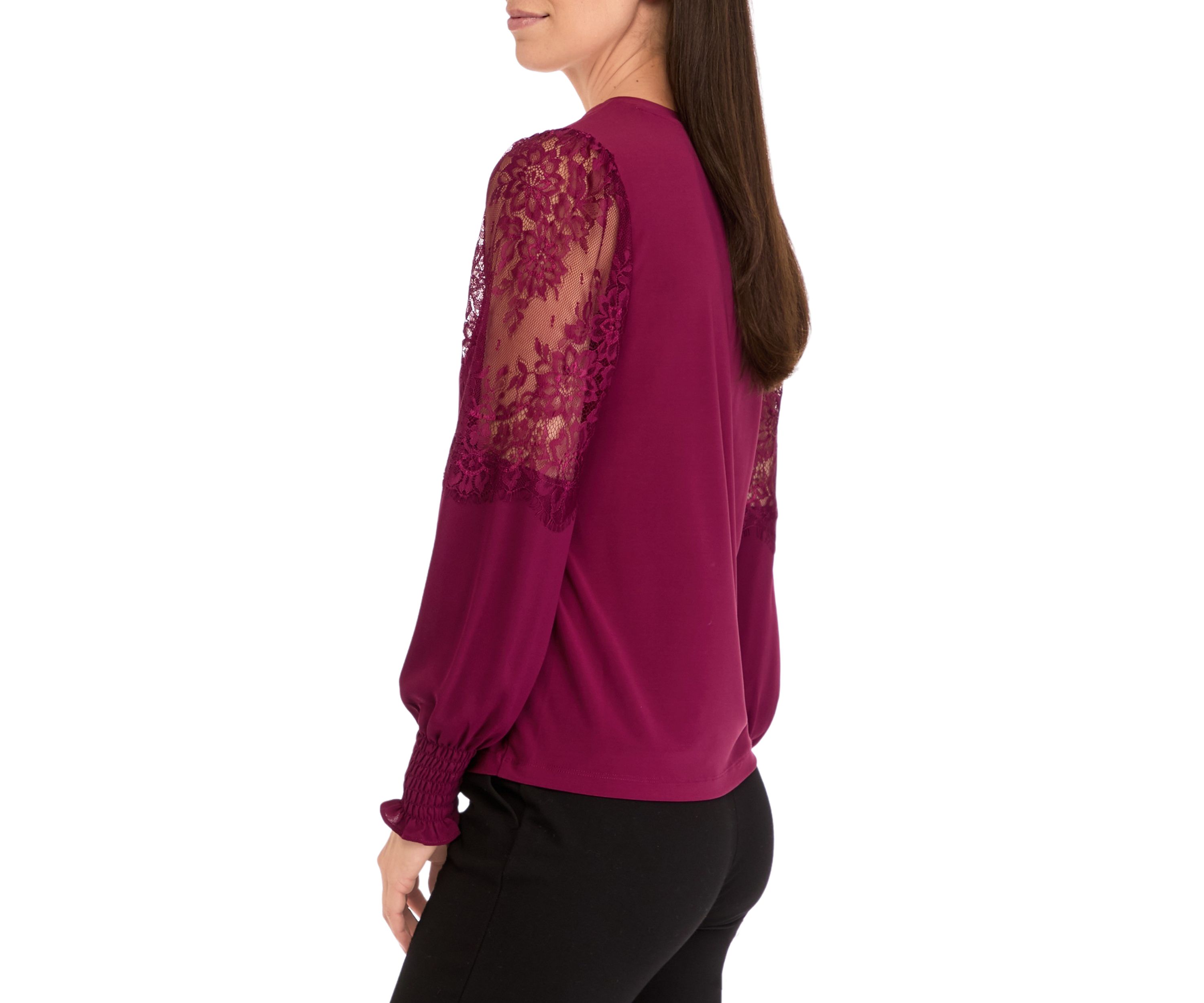 Womens Crew Neck Knit Top with Lace Sleeves