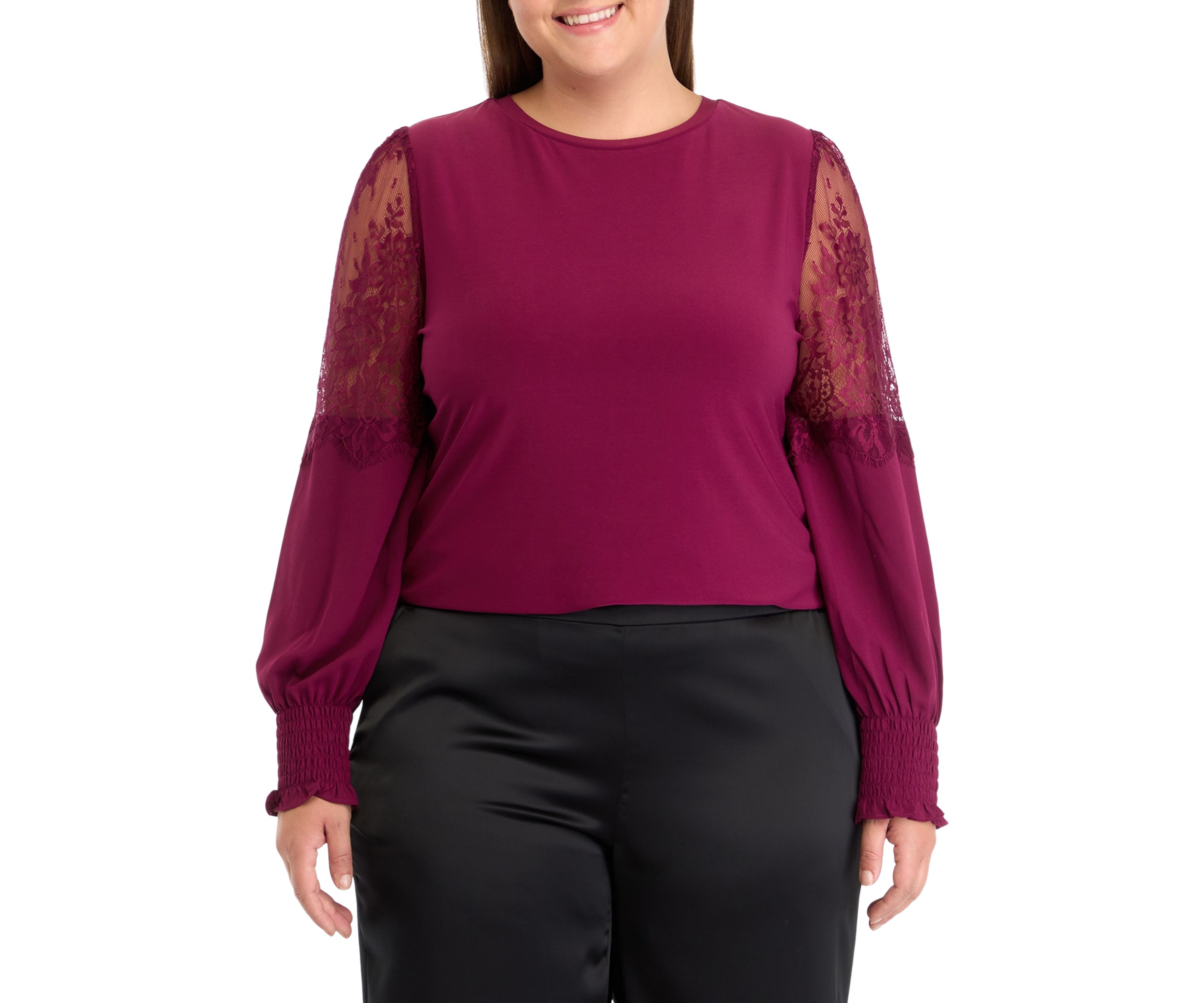 Plus Size Crew Neck Knit Top with Lace Sleeves