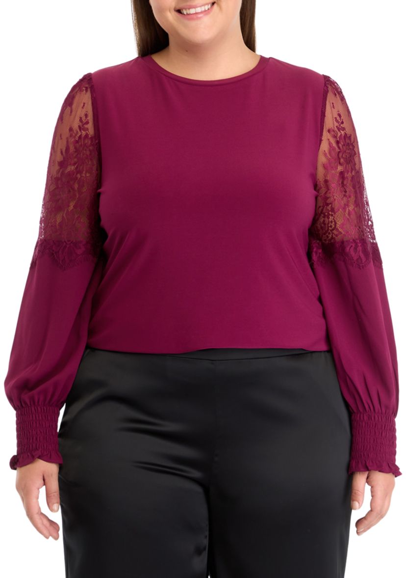 Plus Size Crew Neck Knit Top with Lace Sleeves