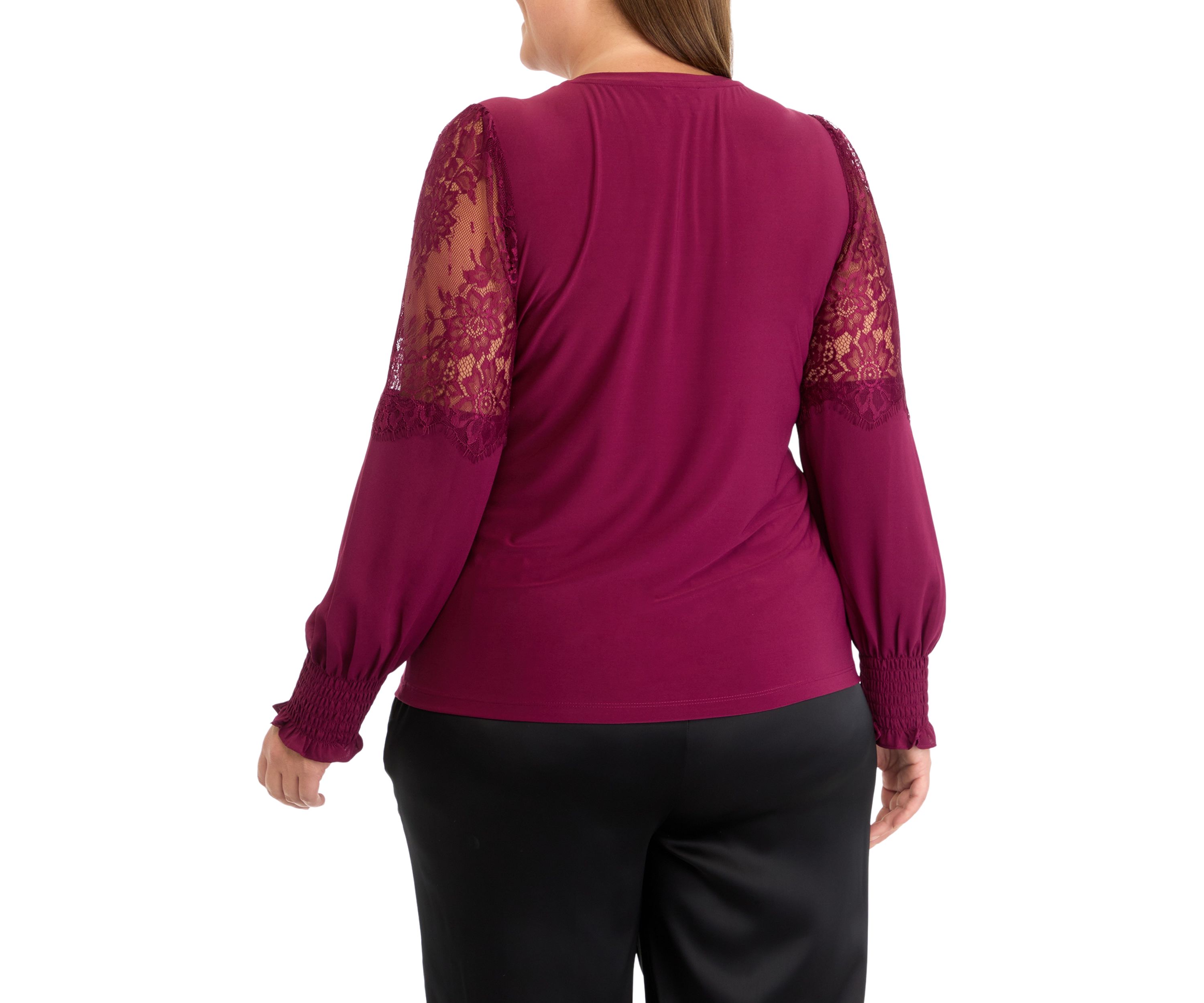 Plus Size Crew Neck Knit Top with Lace Sleeves