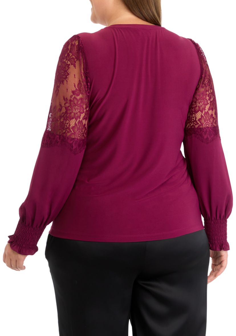 Plus Size Crew Neck Knit Top with Lace Sleeves