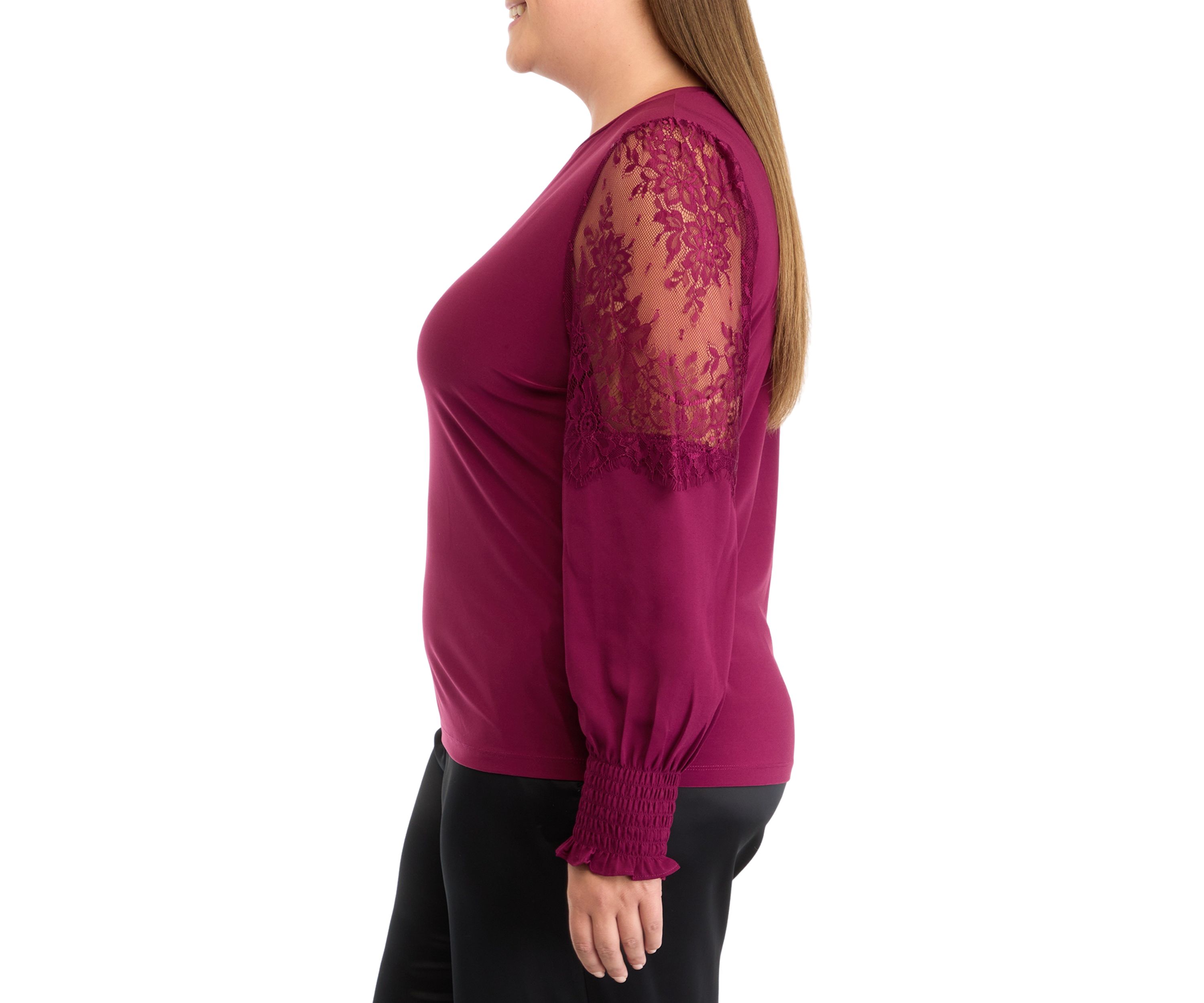 Plus Size Crew Neck Knit Top with Lace Sleeves