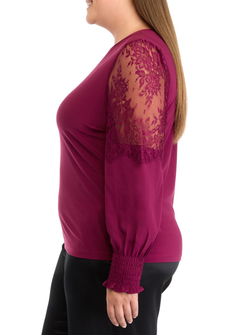 Plus Size Crew Neck Knit Top with Lace Sleeves