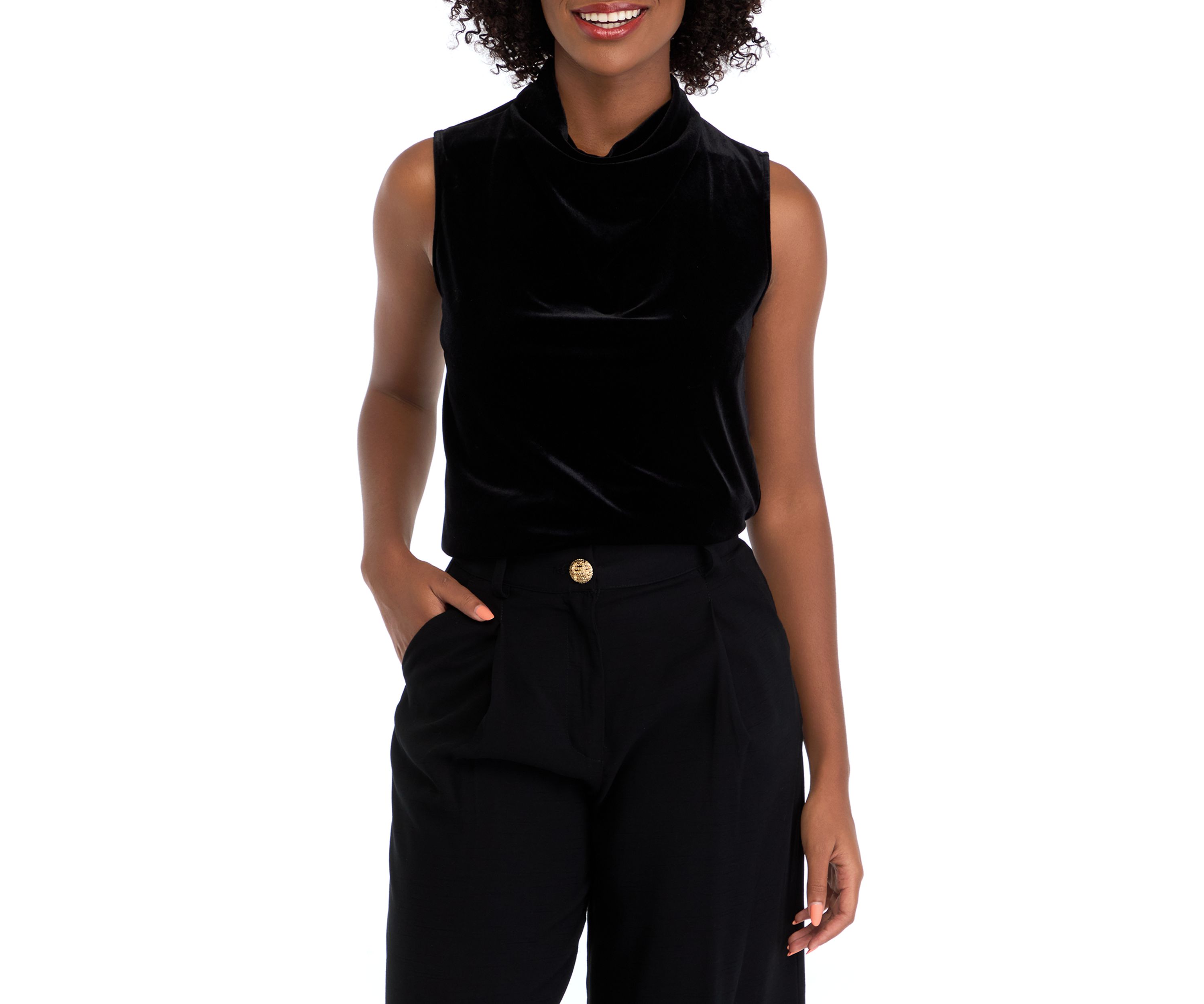 Petite Sleeveless Cowl Neck Halter Velvet Top