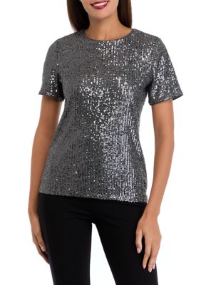 THE LIMITED Women's Petite Short Sleeve Sequin T-Shirt, Grey, PS