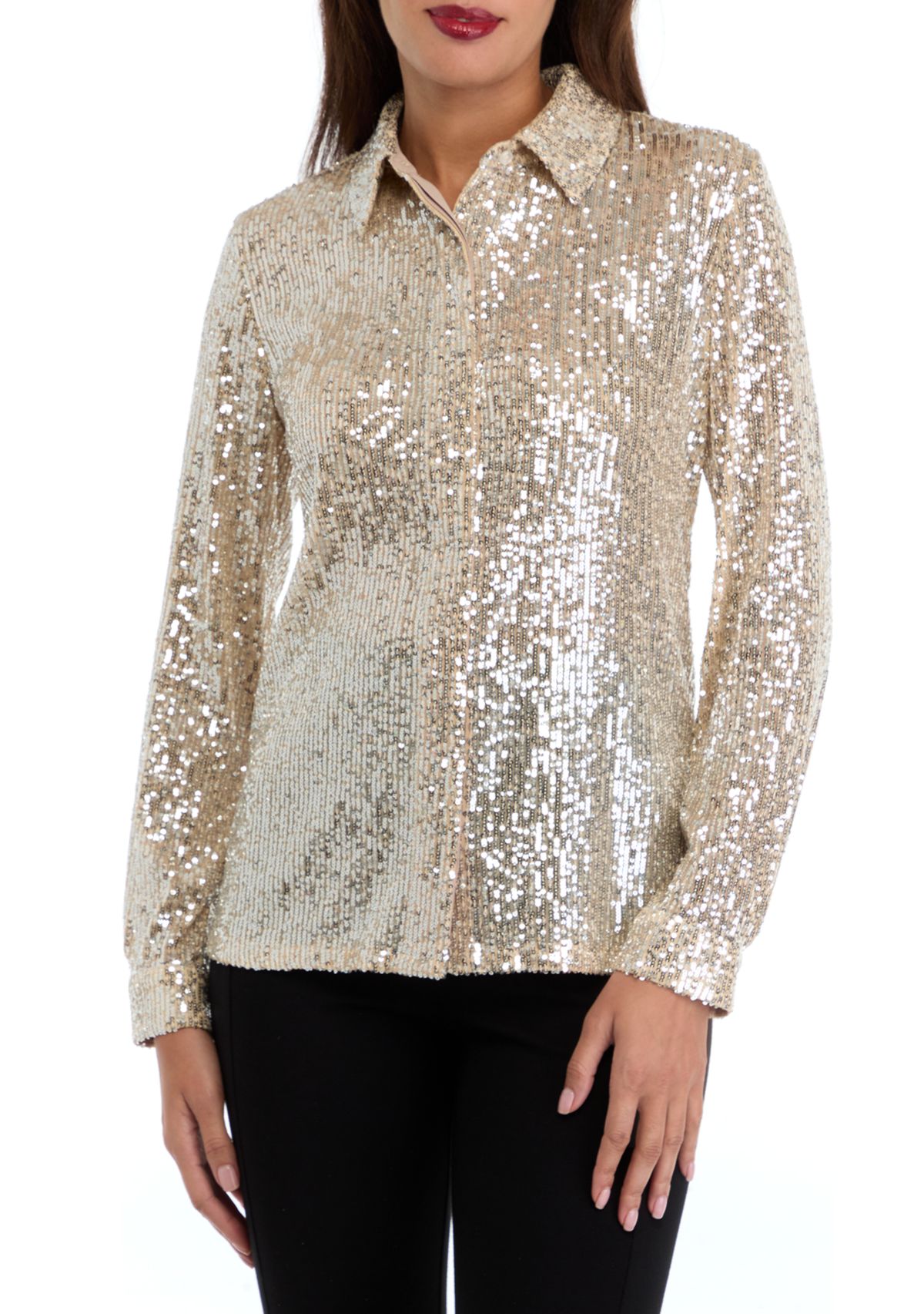 Womens Long Sleeve Sequin Button Front Shirt