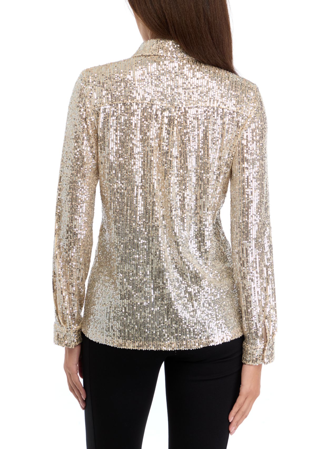 Womens Long Sleeve Sequin Button Front Shirt