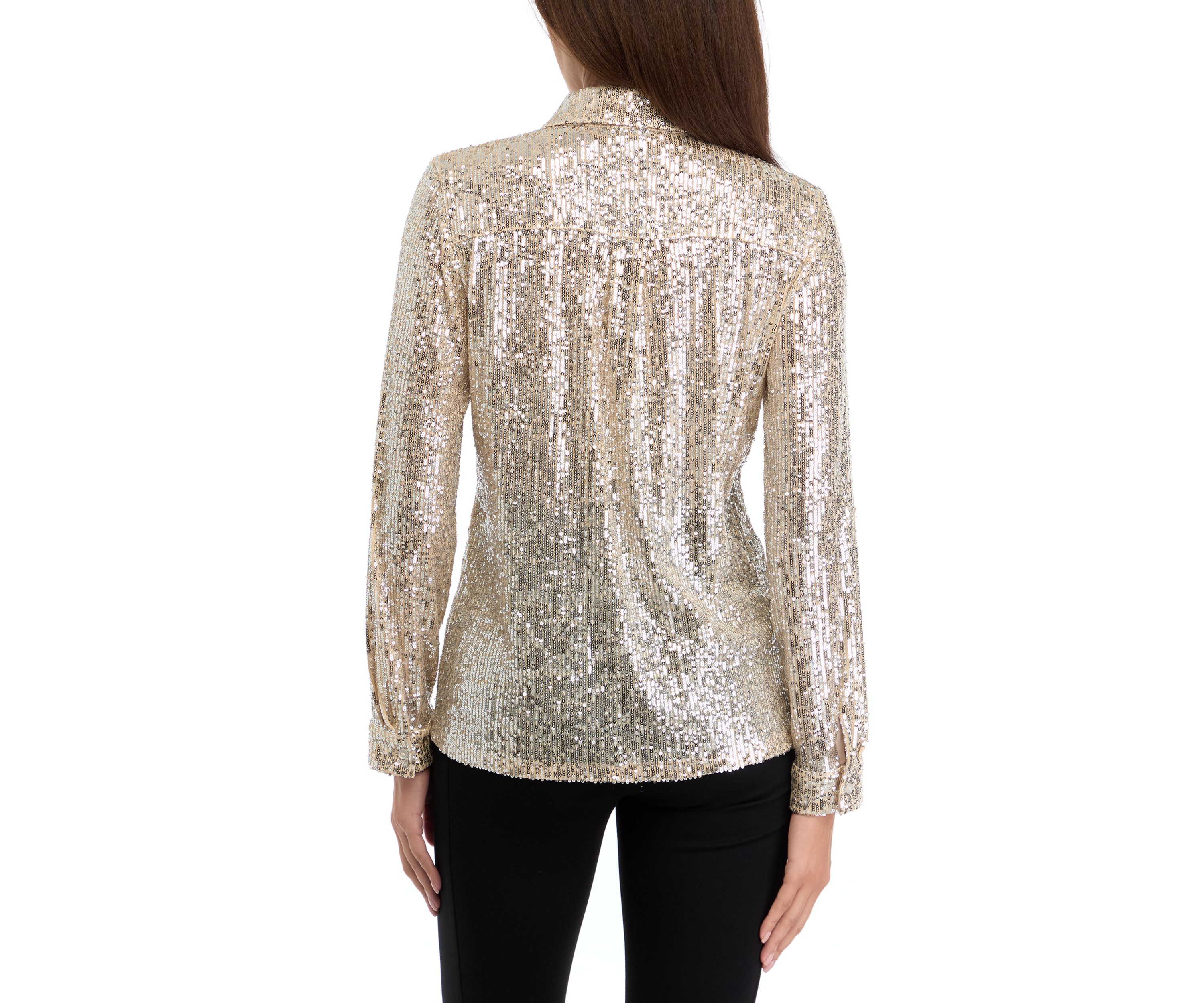 Womens Long Sleeve Sequin Button Front Shirt