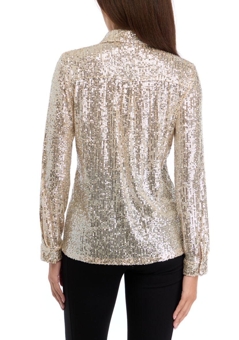 Womens Long Sleeve Sequin Button Front Shirt