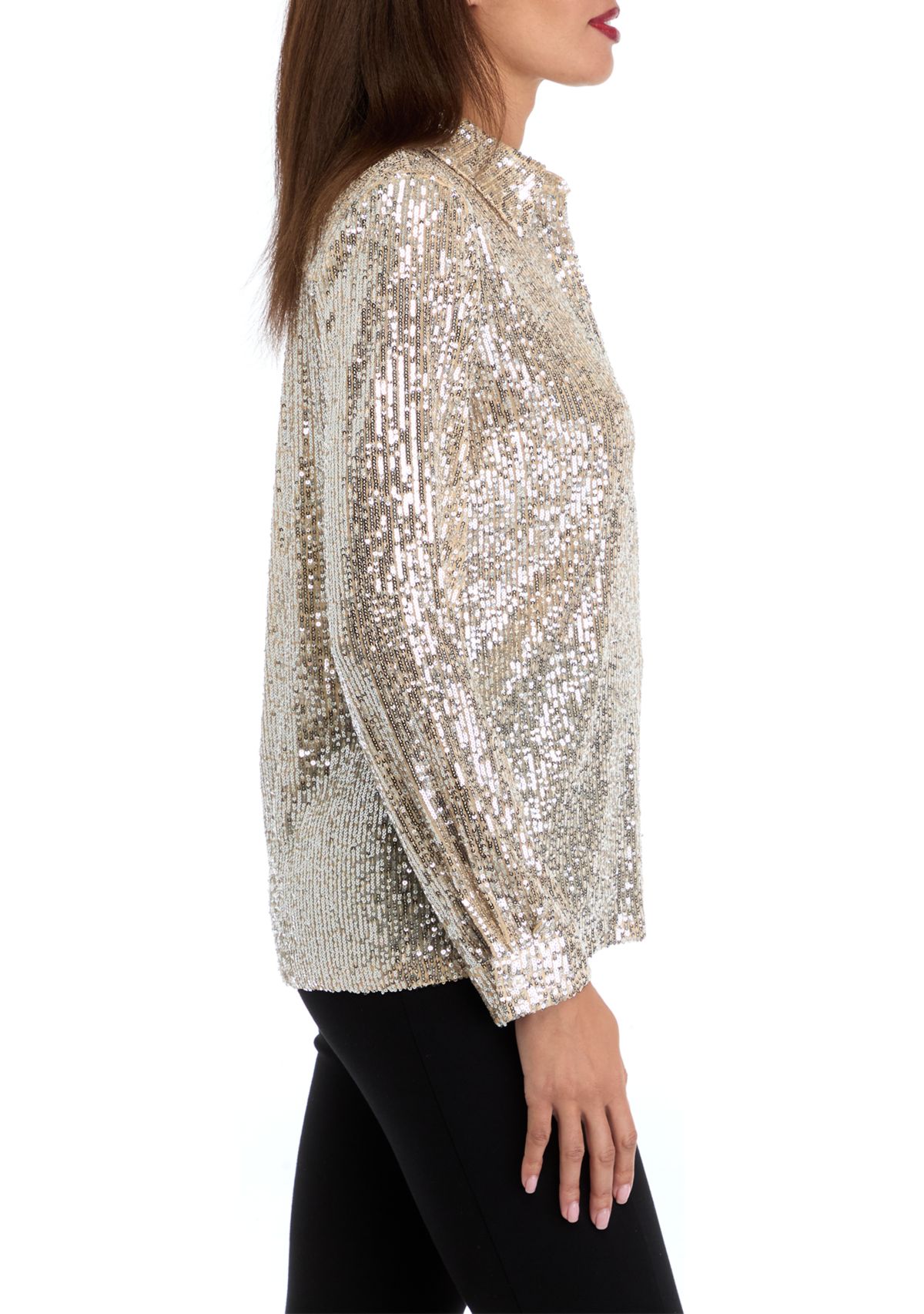 Womens Long Sleeve Sequin Button Front Shirt