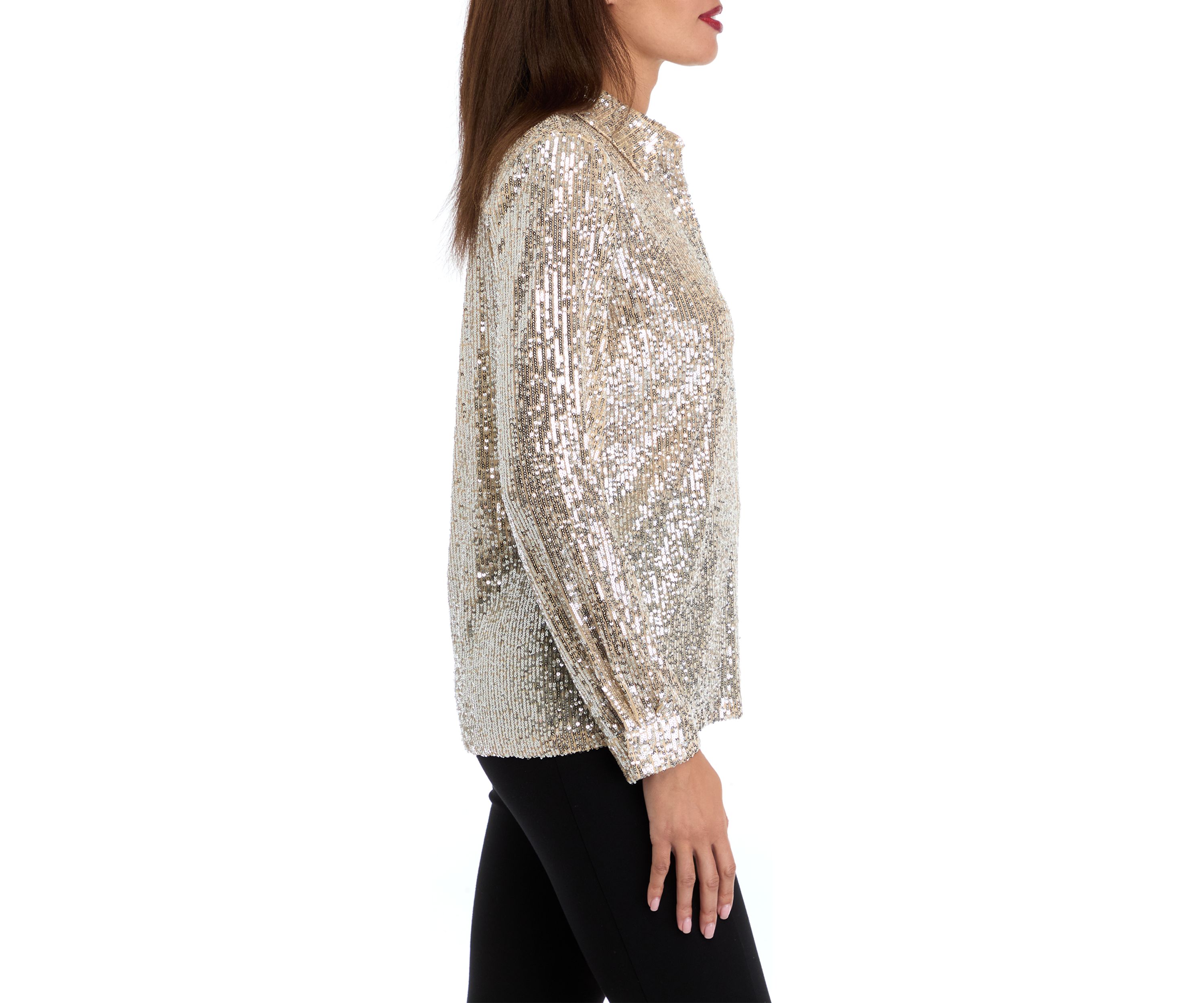 Womens Long Sleeve Sequin Button Front Shirt