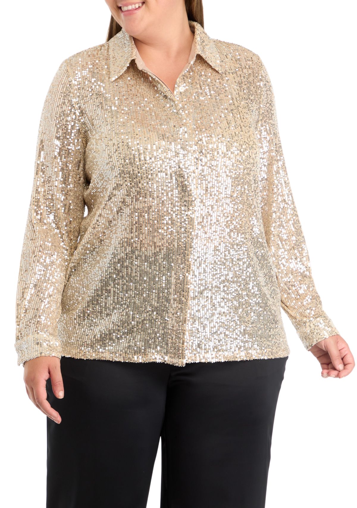 Plus Size Sequin Button Front