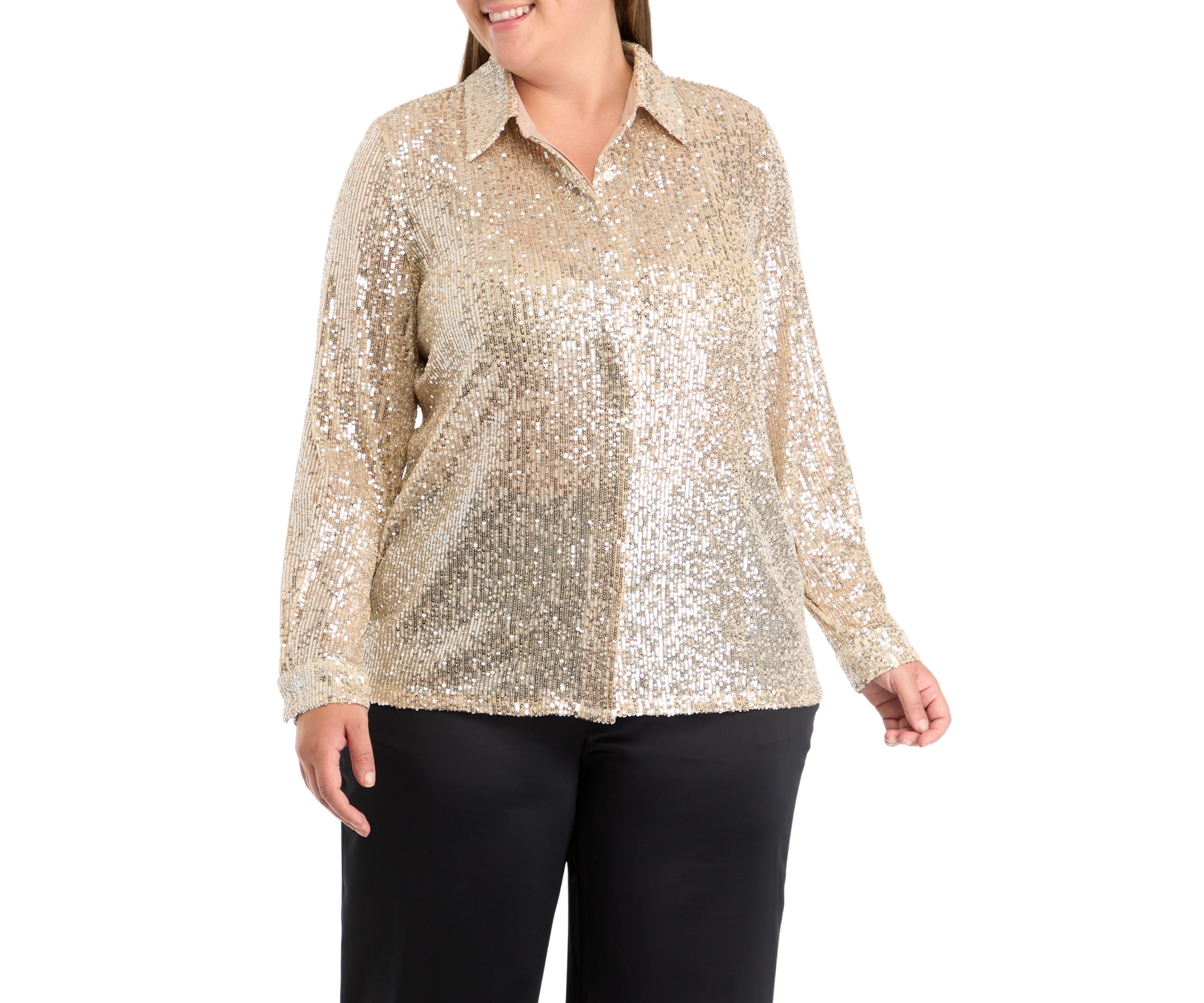 Plus Size Sequin Button Front